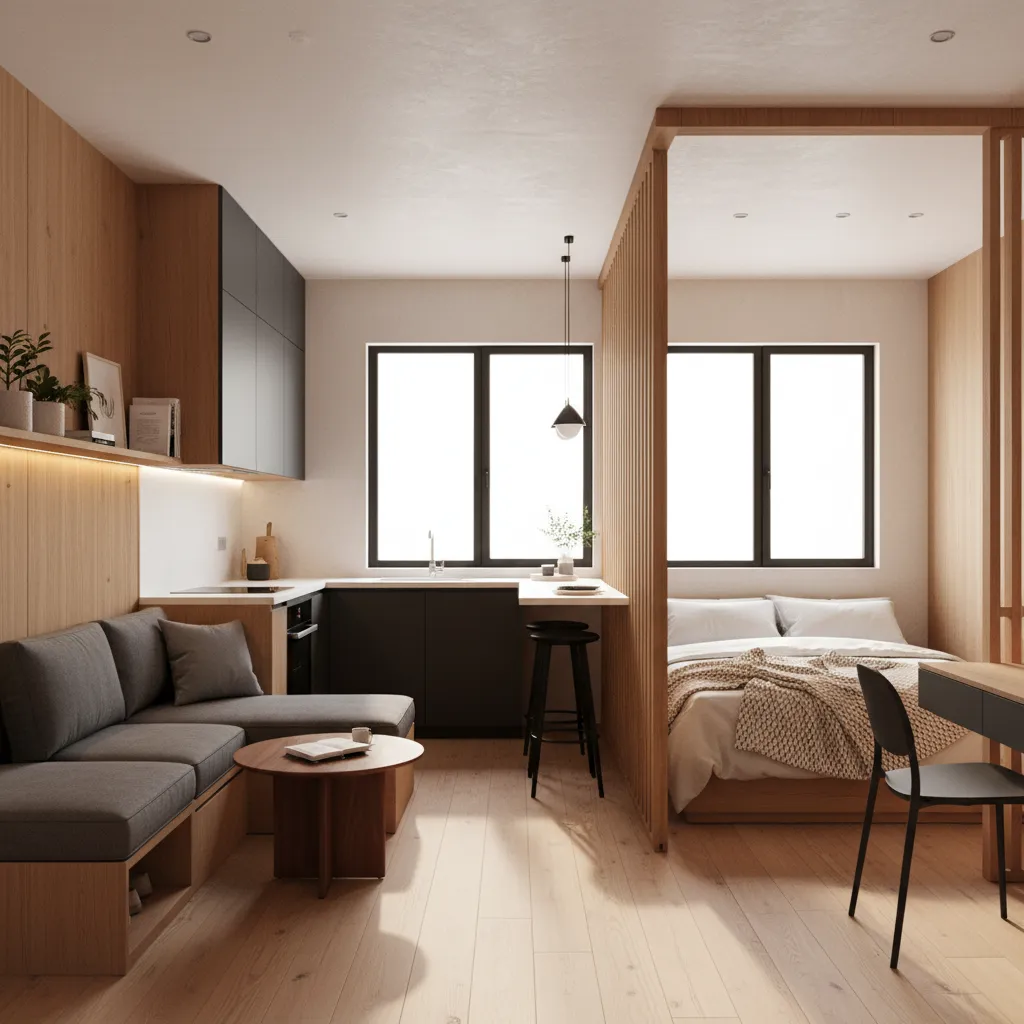 Hybrid layout tiny home combining open living space with semi private bedroom