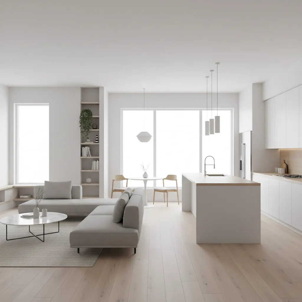 Open living room and kitchen in a 720 sq ft small home inspired by tiny house layouts