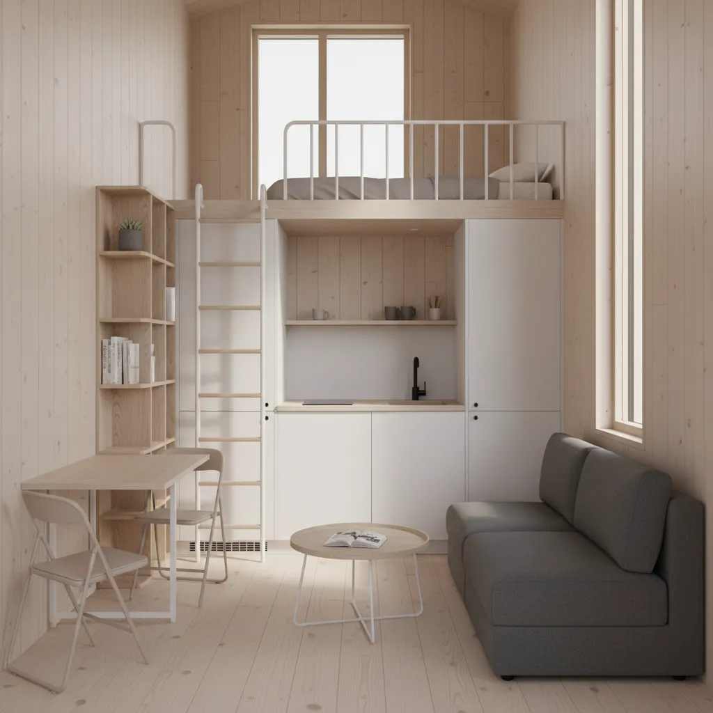 compact modern tiny home interior with loft bed and multifunction furniture