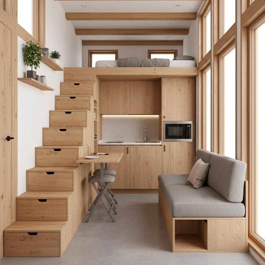 tiny home interior showing compact multifunctional layout