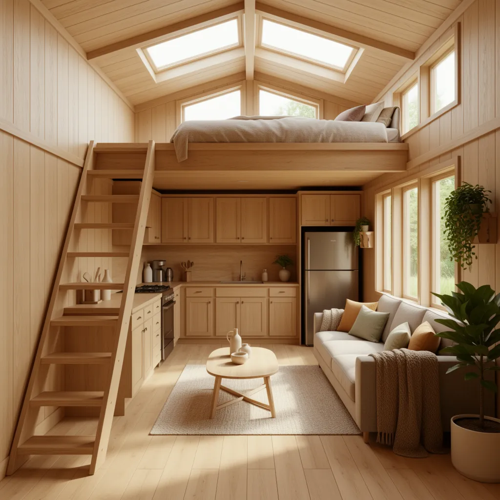 Tiny house interior with loft bed ladder kitchen and compact living space