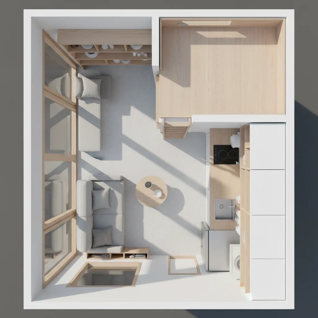 Small mobile home layout showing functional zones for living and storage