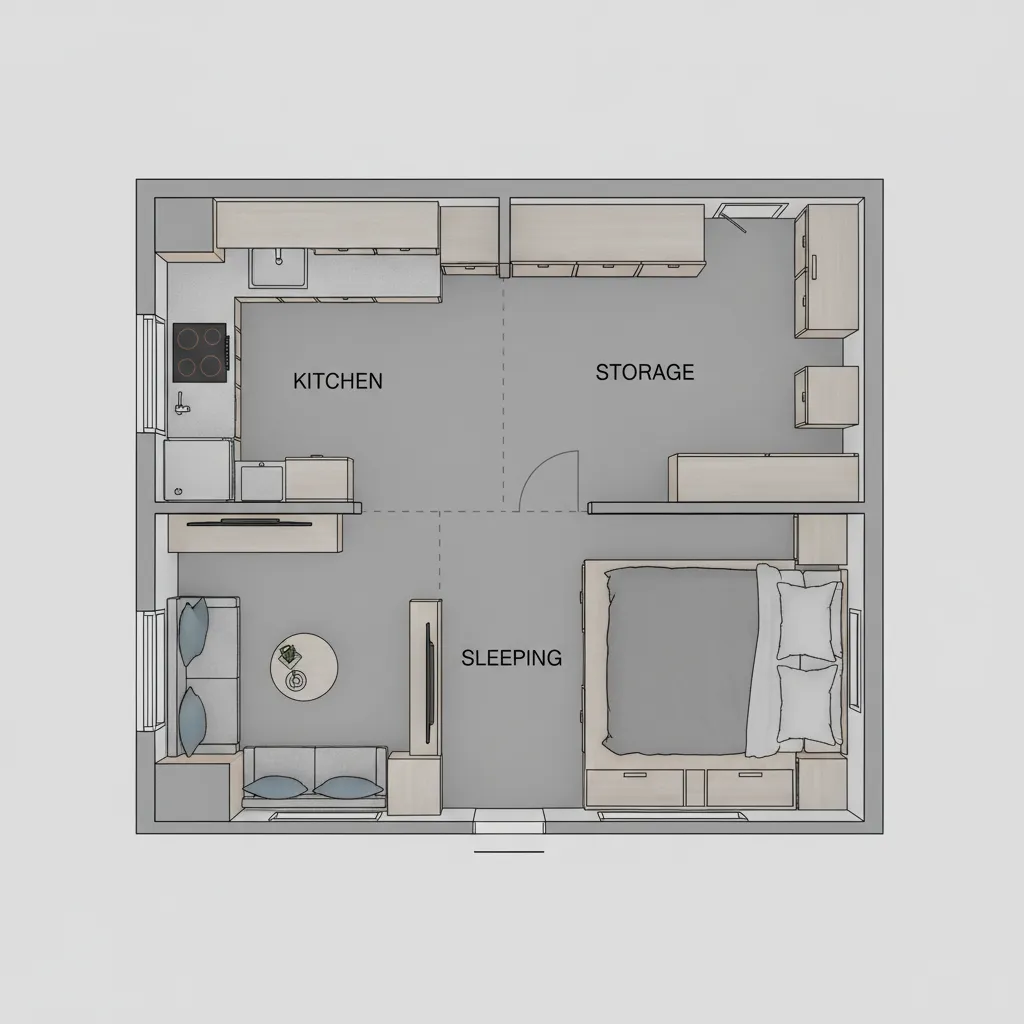Simple visual layout zoning for a 120 sq ft tiny house floor plan