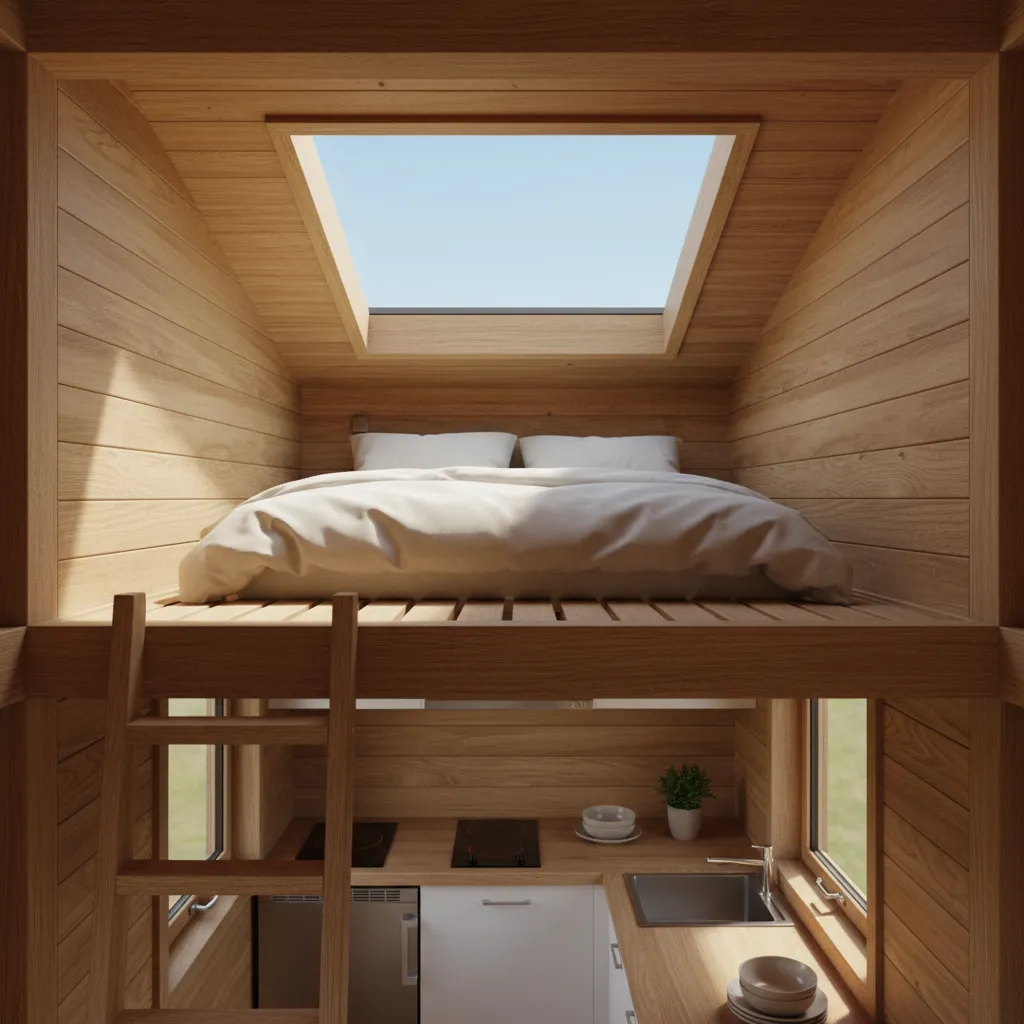 Tiny home loft bedroom above kitchen in a 120 sq ft layout