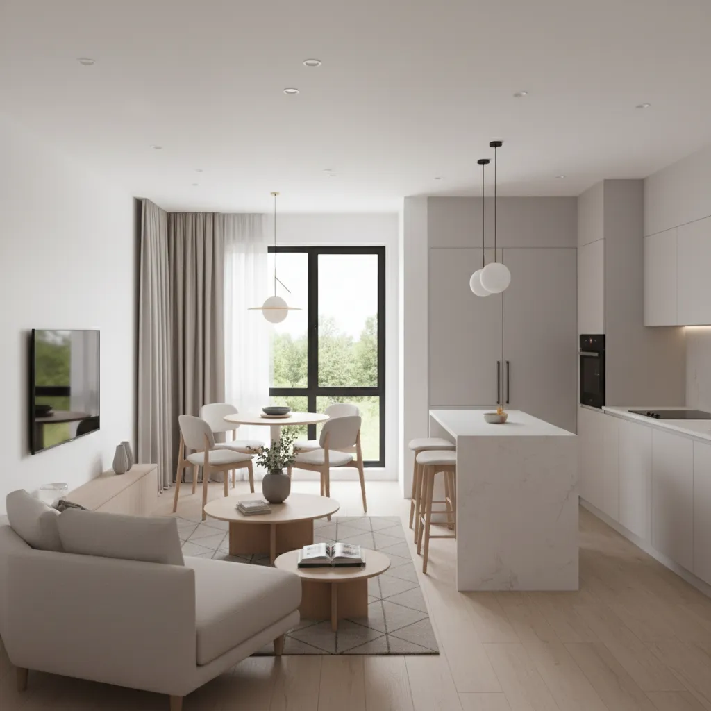 open plan layout of a 720 sq ft tiny house interior