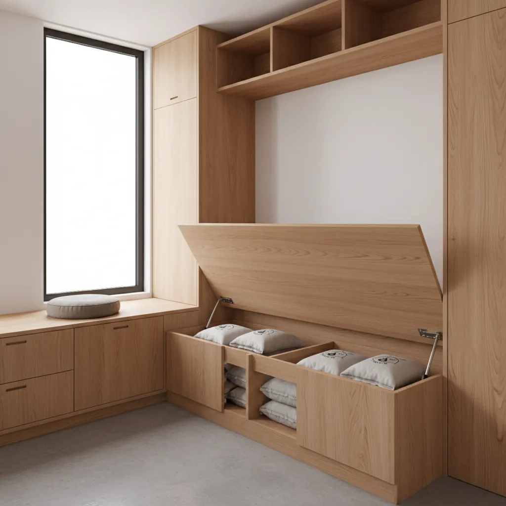 pellet bag storage built into bench seating inside tiny home