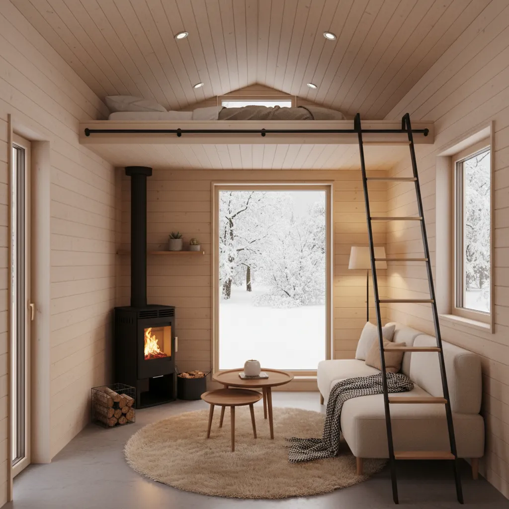 tiny house interior with pellet stove heating compact living room
