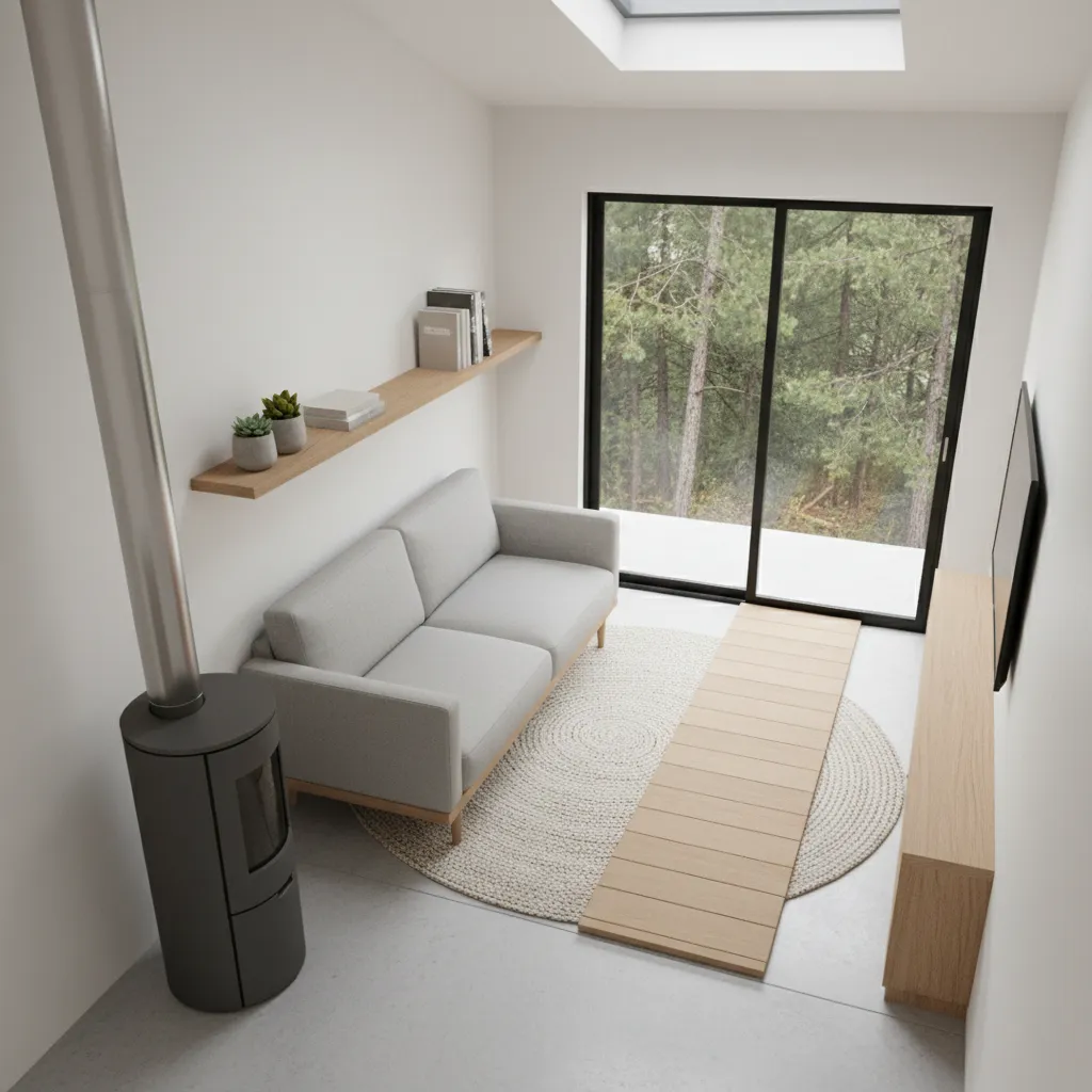 tiny home layout showing pellet stove placement