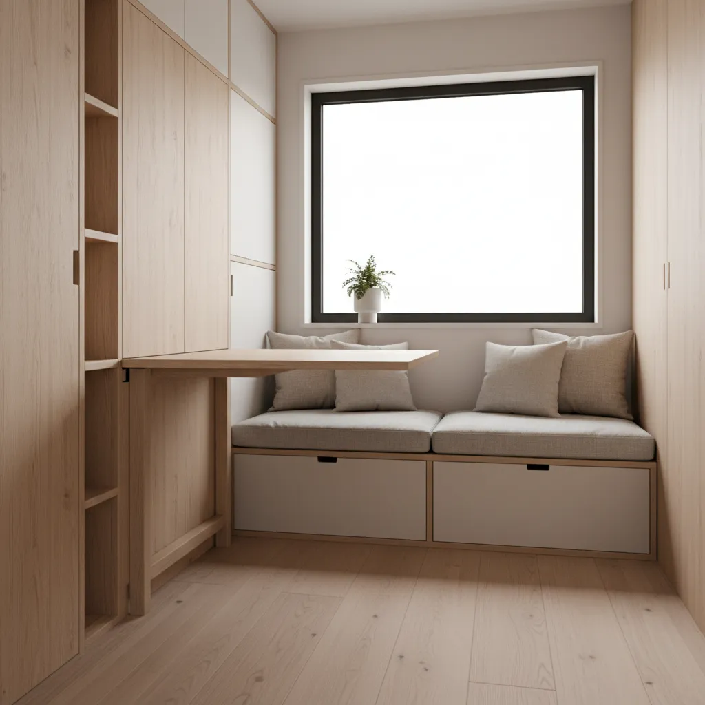 tiny home storage solutions with foldable table and built in cabinets