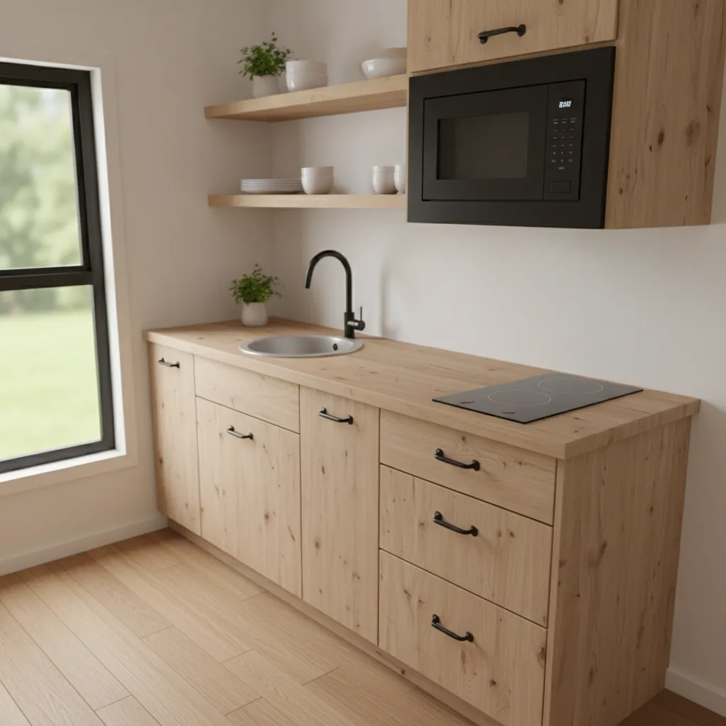 Tiny home kitchen with microwave mounted under upper cabinets
