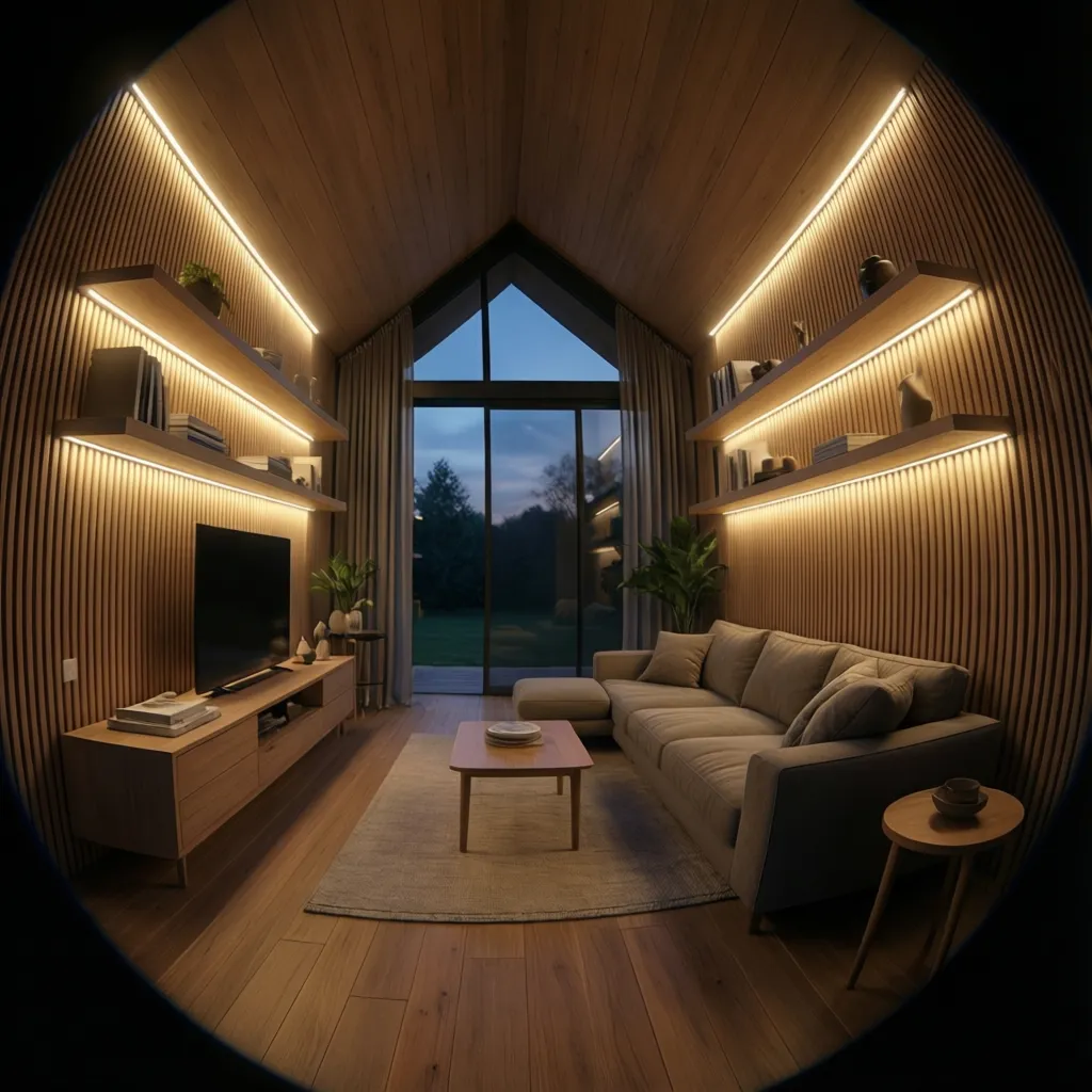 tiny home interior with vertical wall lighting highlighting ceiling height