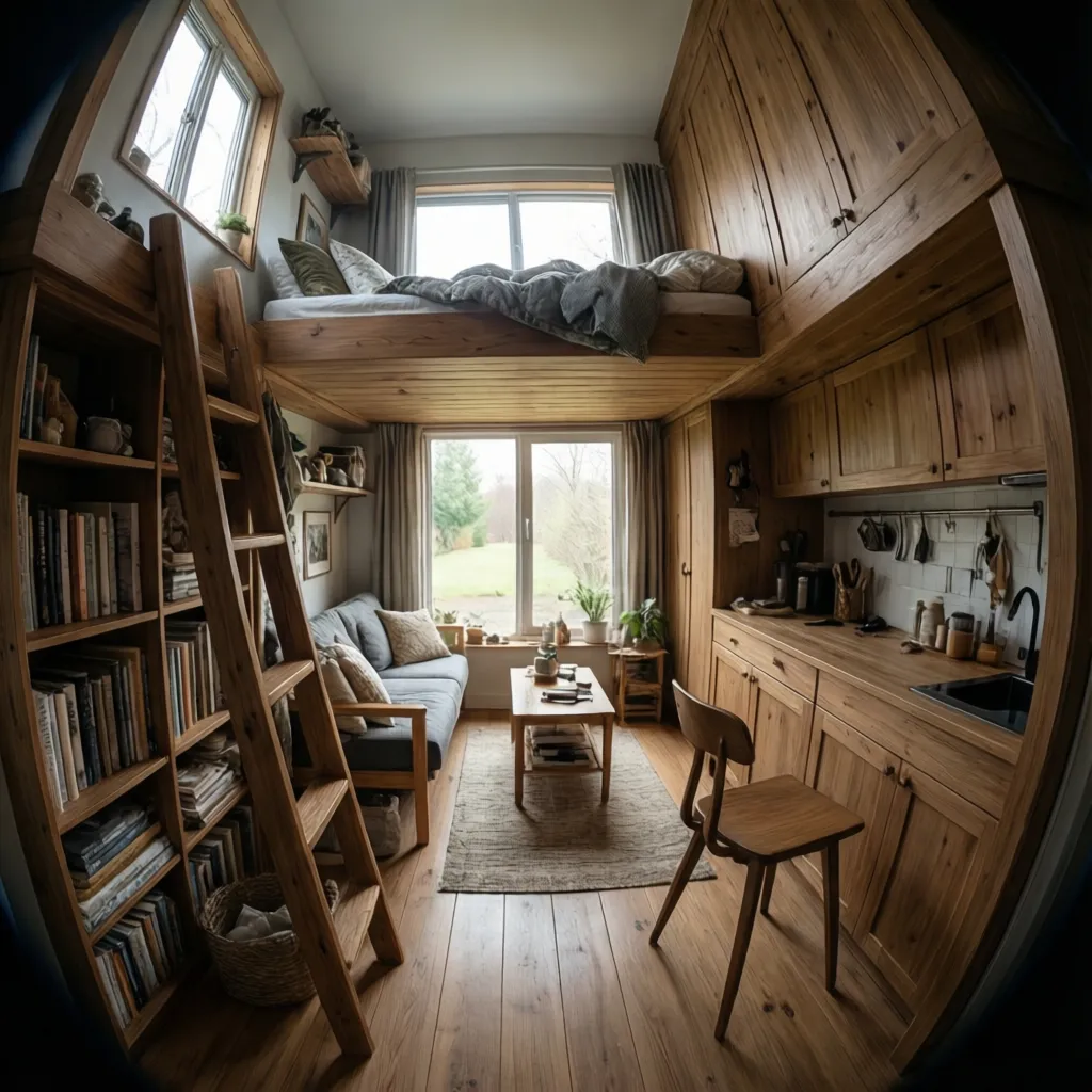 Tiny home interior featuring floor to ceiling storage and loft bed