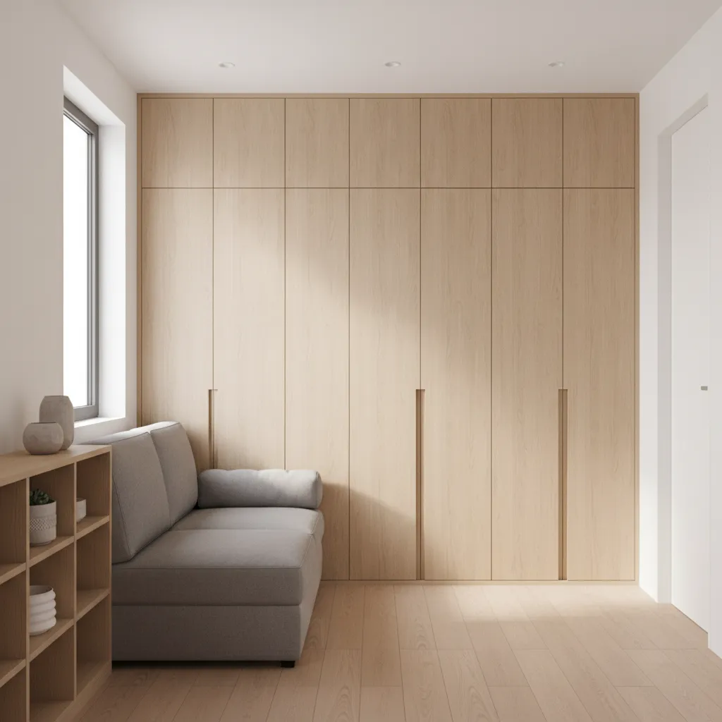 tiny home living room with tall floor to ceiling storage wall