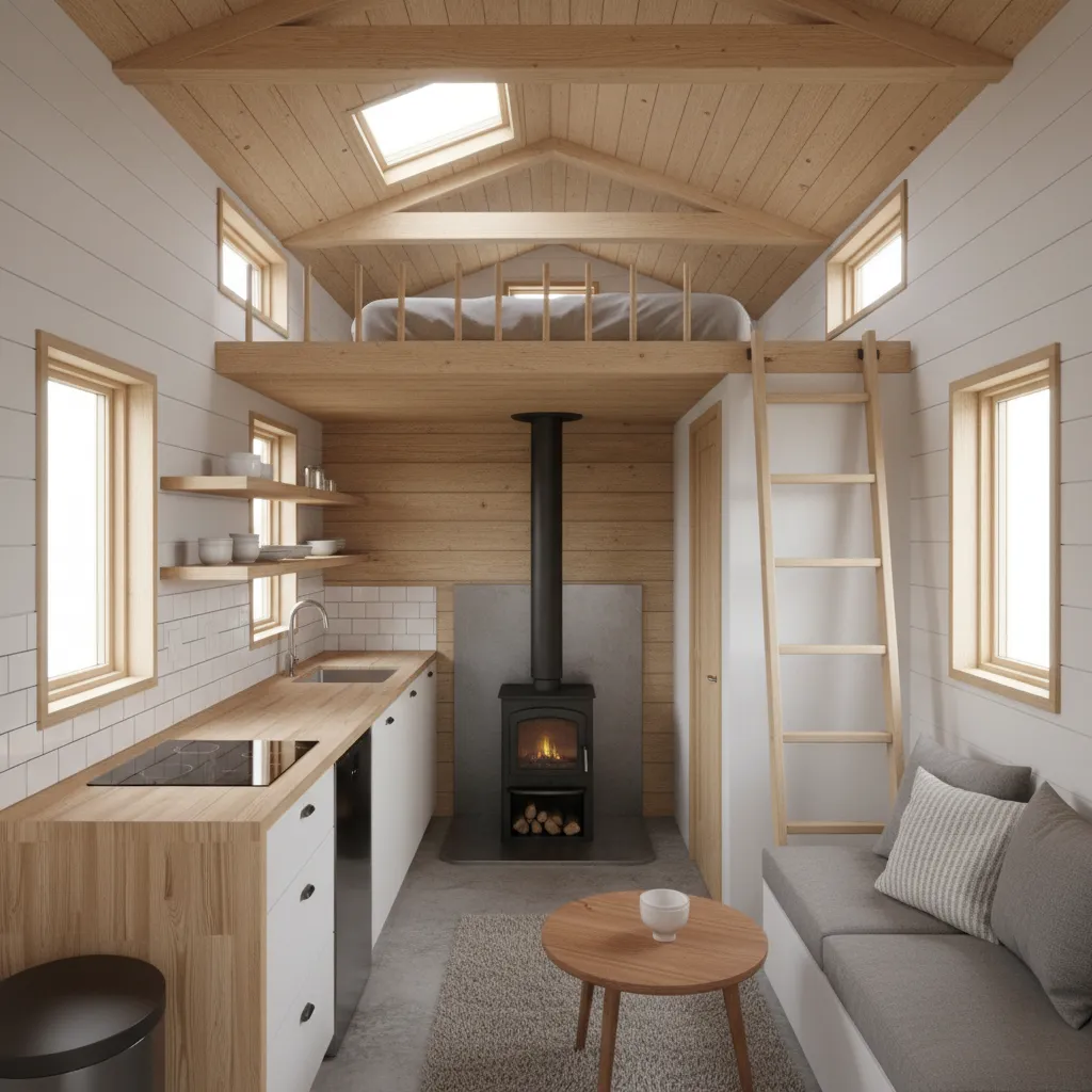 Tiny home layout showing wood stove placement and heat distribution