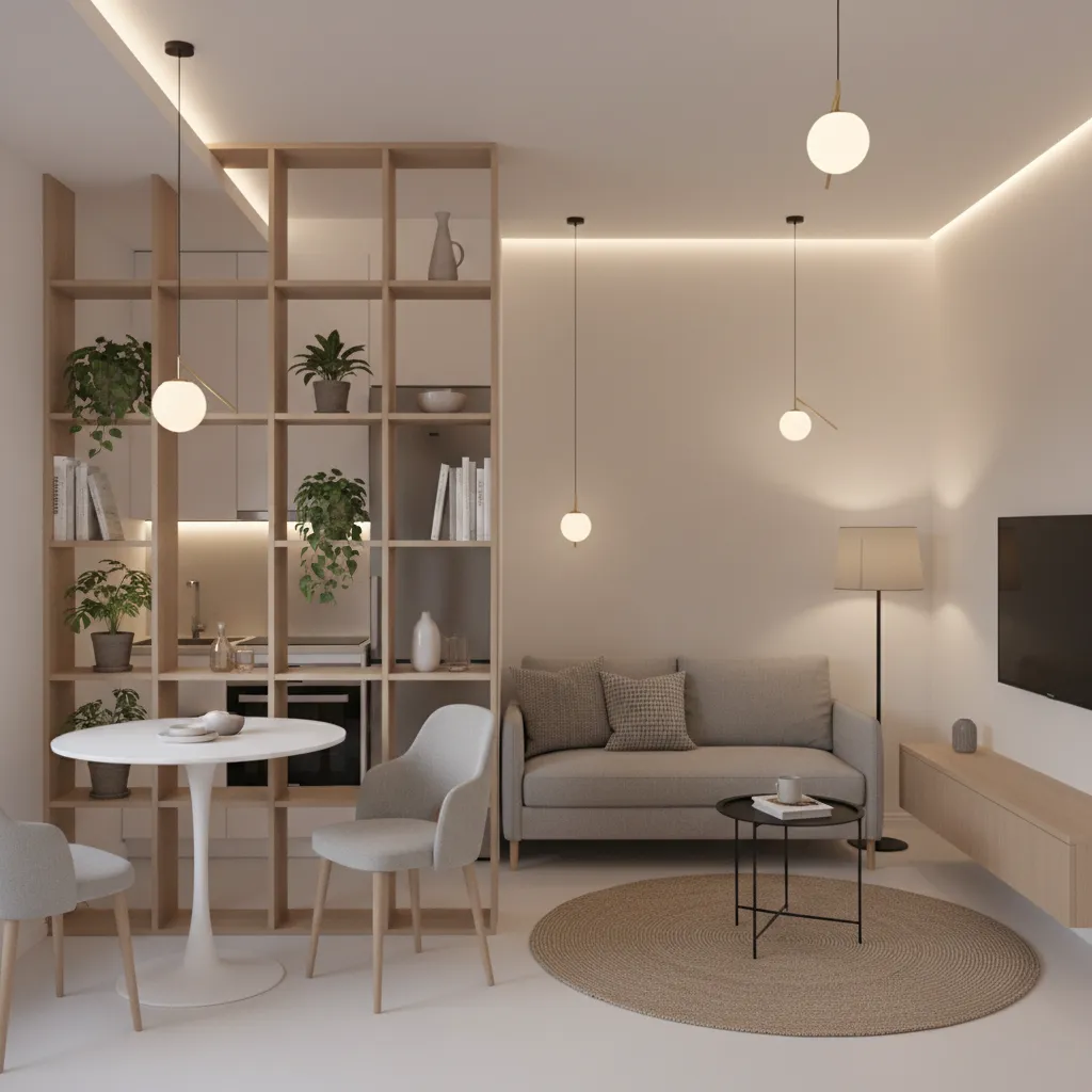 Tiny home interior with clearly separated functional zones