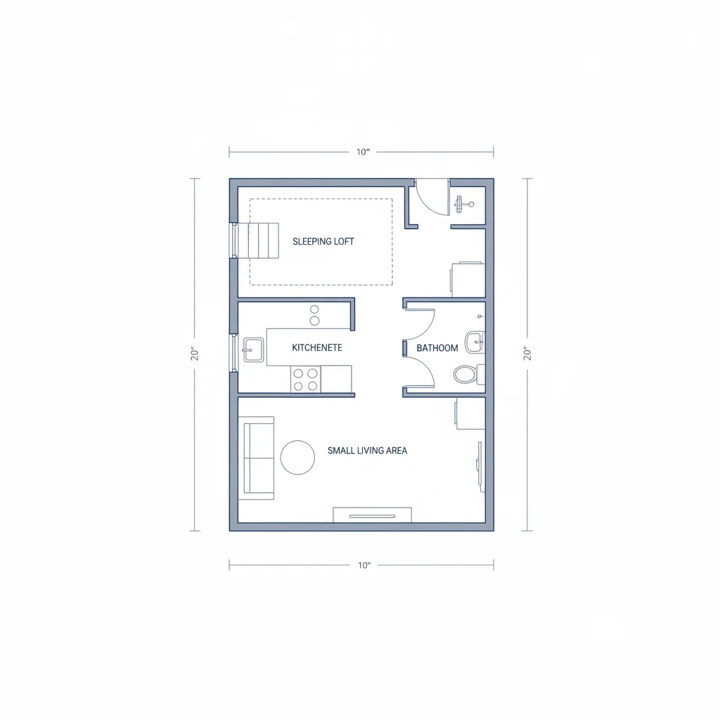 simple architectural floor plan showing efficient 120 sq ft tiny house layout zones