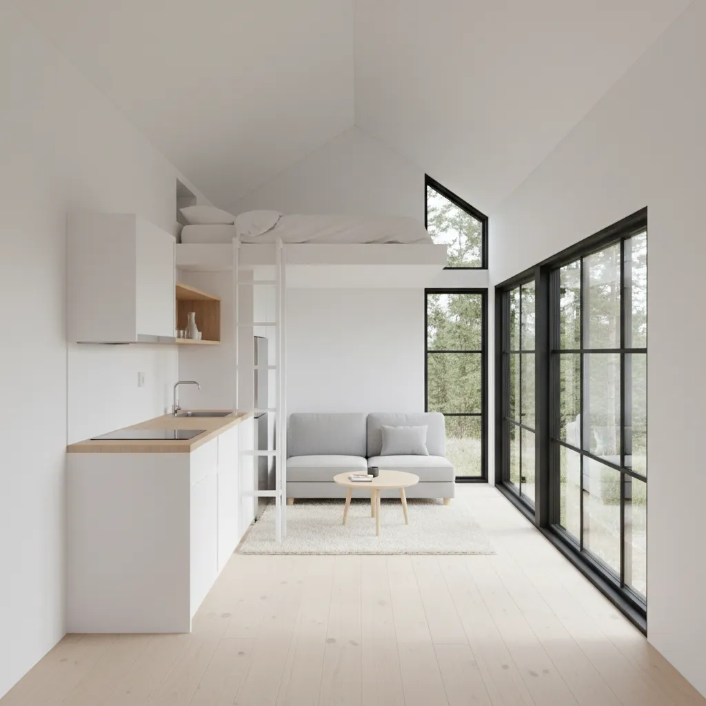 compact 330 sq ft tiny house interior showing living area kitchen and loft layout
