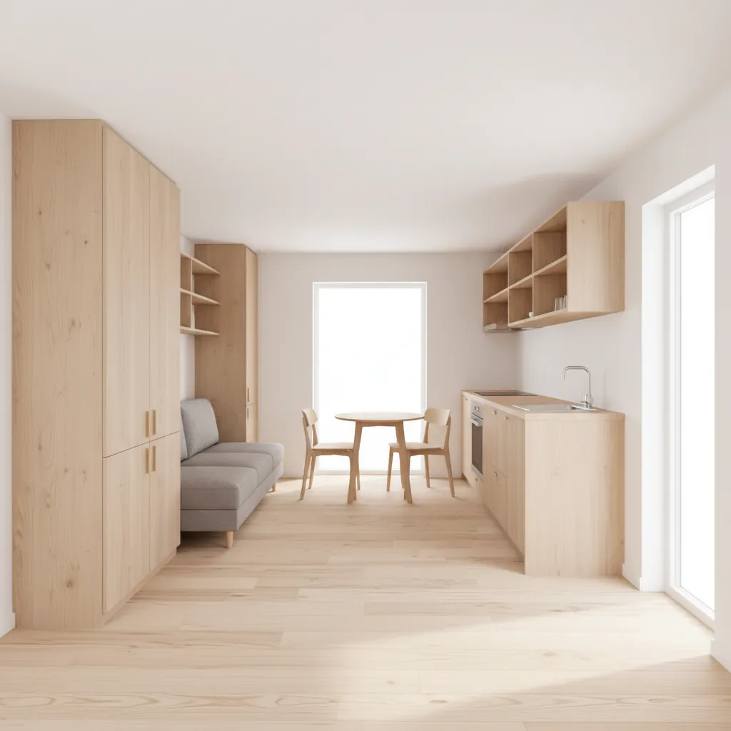 interior of a 390 sq ft tiny house showing compact living kitchen and storage layout