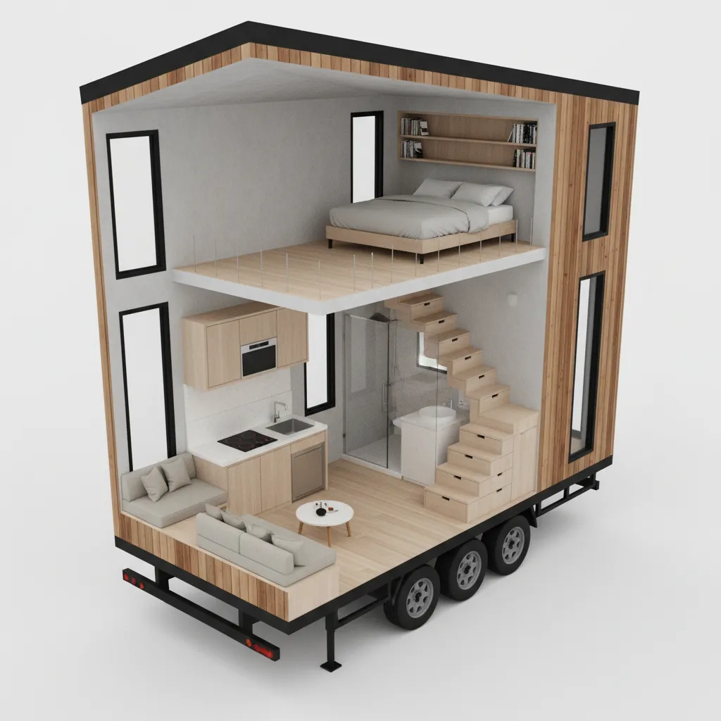 3D floor plan visualization of a 700 sq ft tiny house on wheels layout