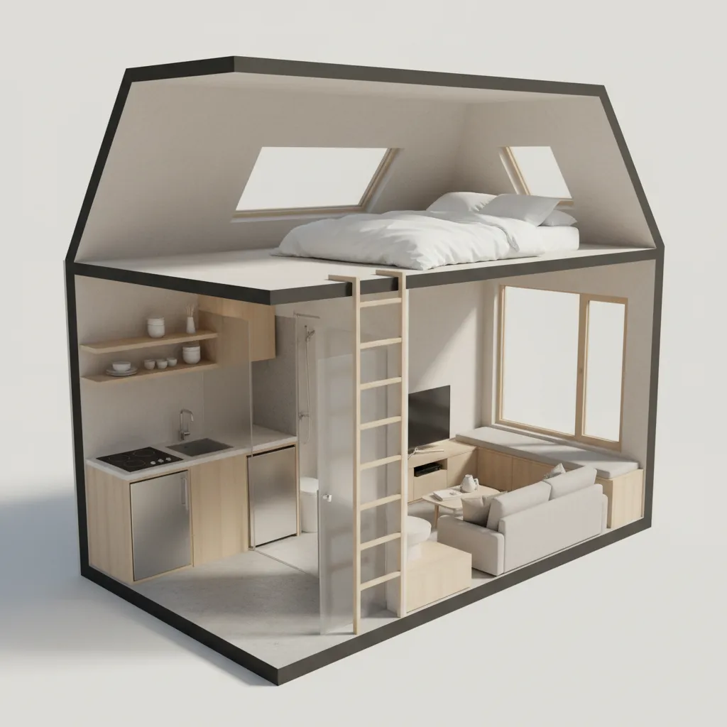 3D visualization of tiny house layout showing kitchen loft and bathroom zones