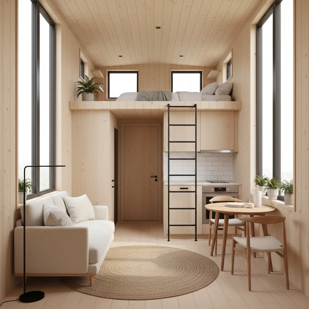 Stylish tiny house interior designed for Airbnb guests