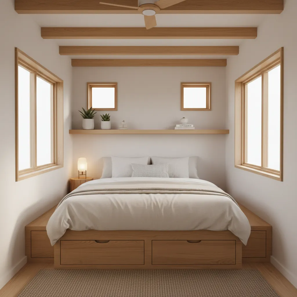 Cozy bedroom inside a 700 sq ft tiny house on wheels with minimalist decor