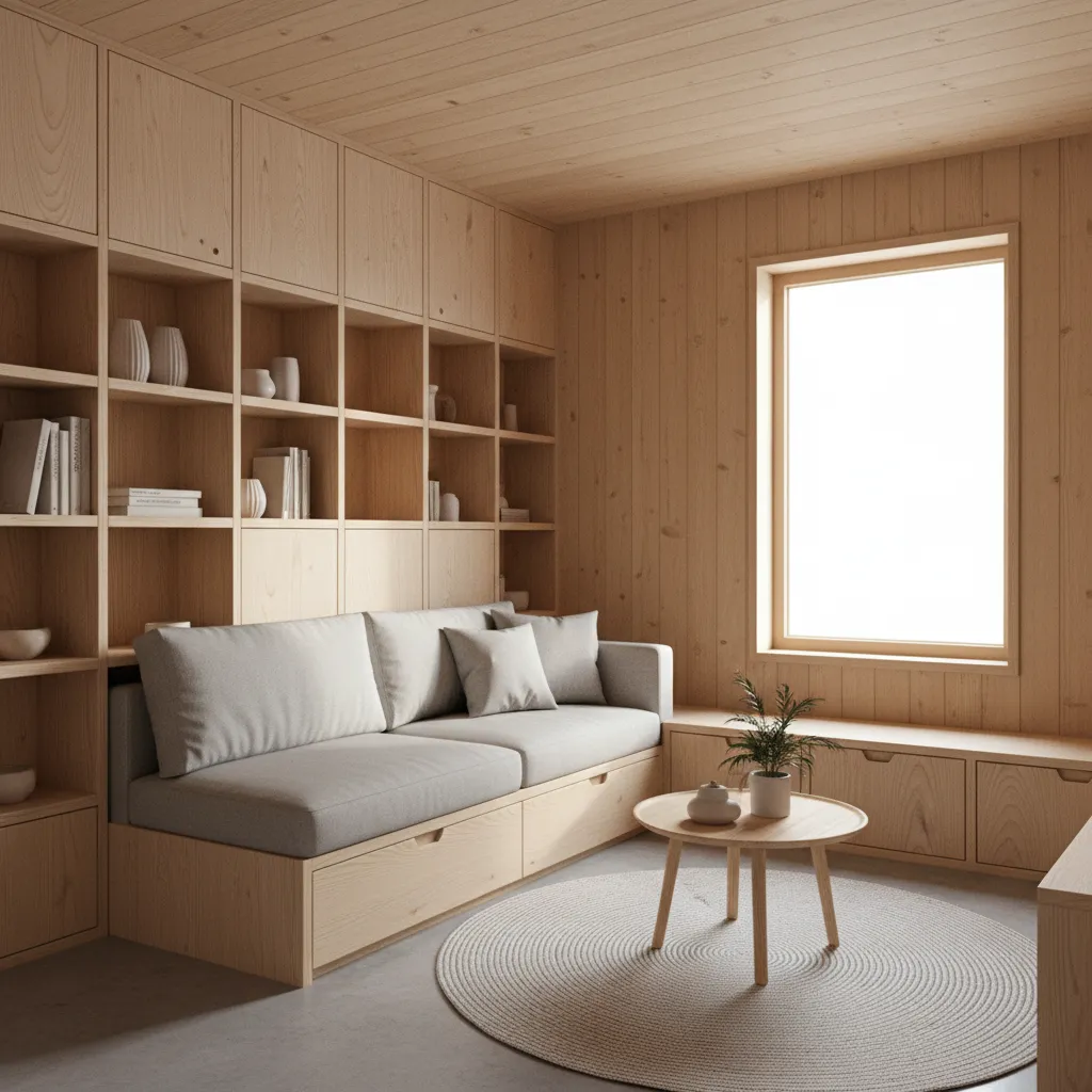 Tiny house living room with built in shelving and hidden storage compartments