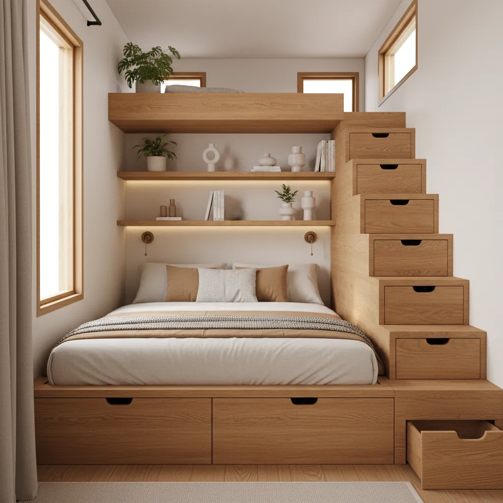 built in storage solutions in a tiny house bedroom and stair drawers