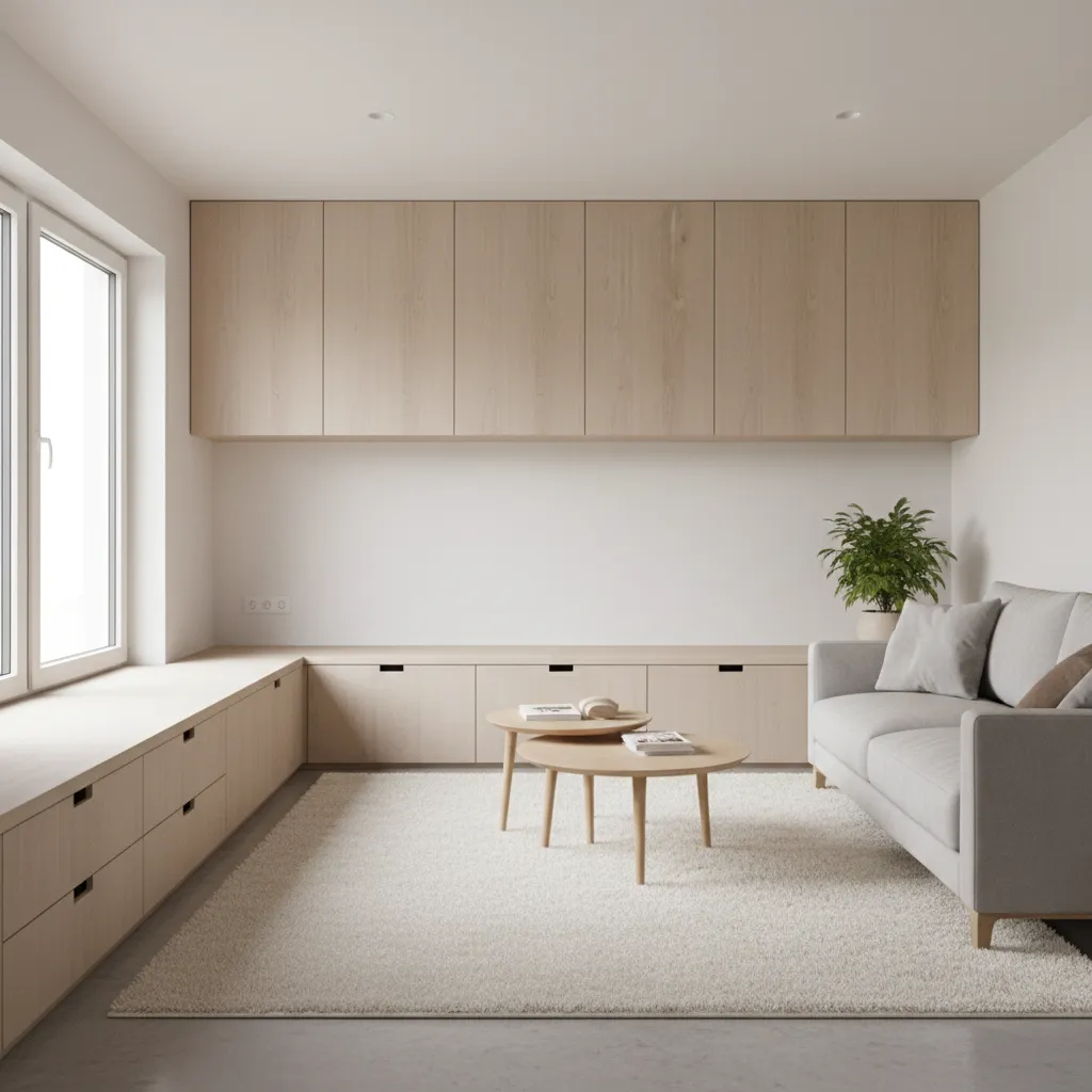 Built-in storage bench and wall cabinets in a small tiny house living area