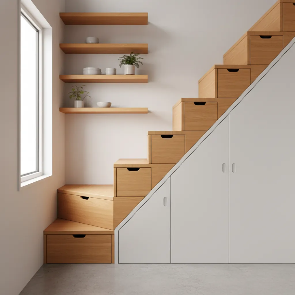 Built in storage solutions inside a tiny house including stair drawers and wall shelving