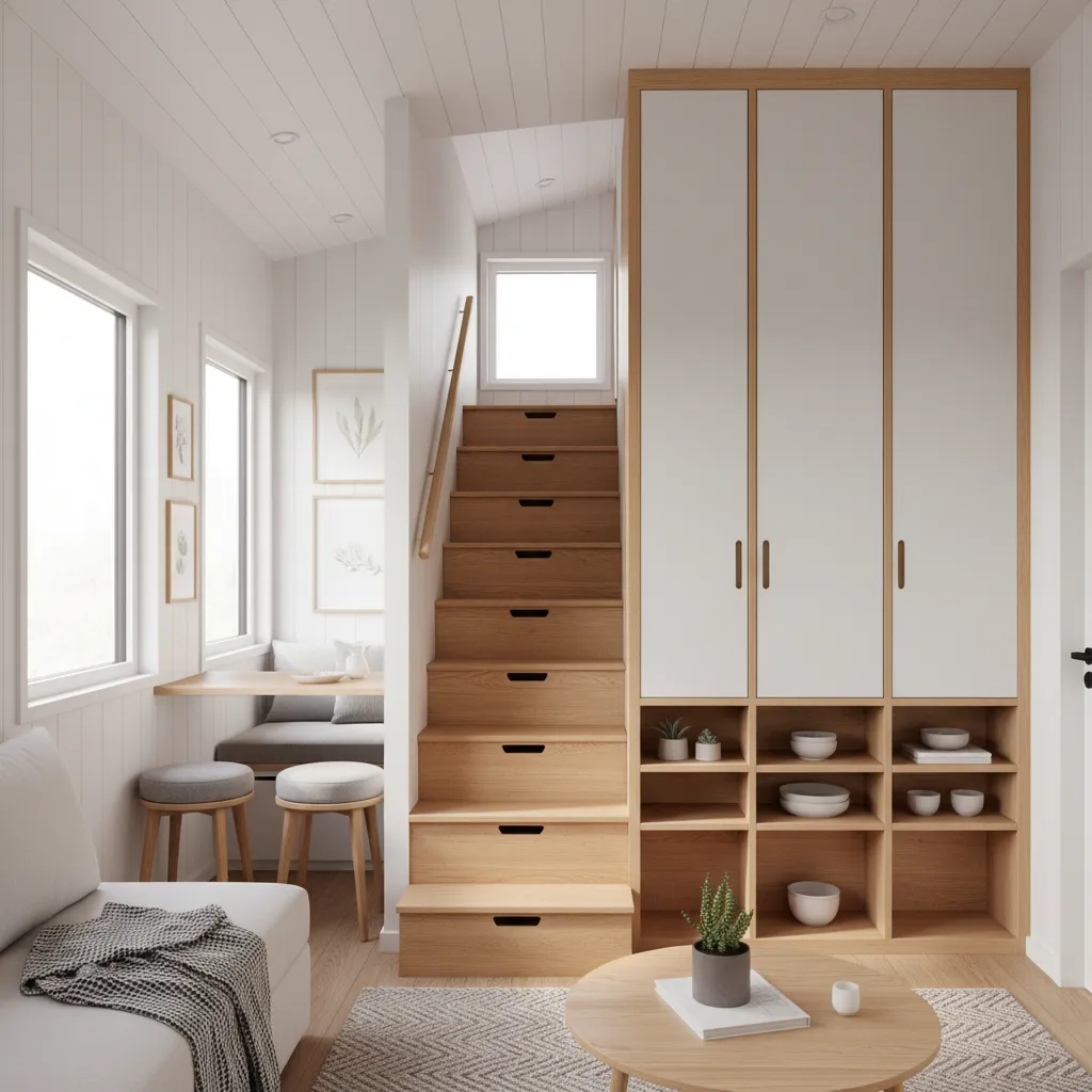 tiny house built in storage under stairs and vertical cabinets maximizing small space