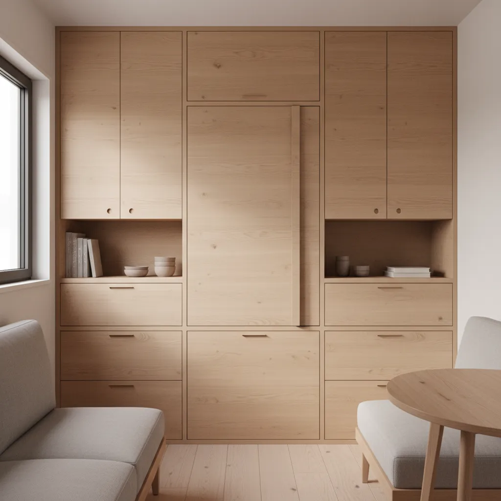 Tiny house built in storage wall with cabinets and shelving