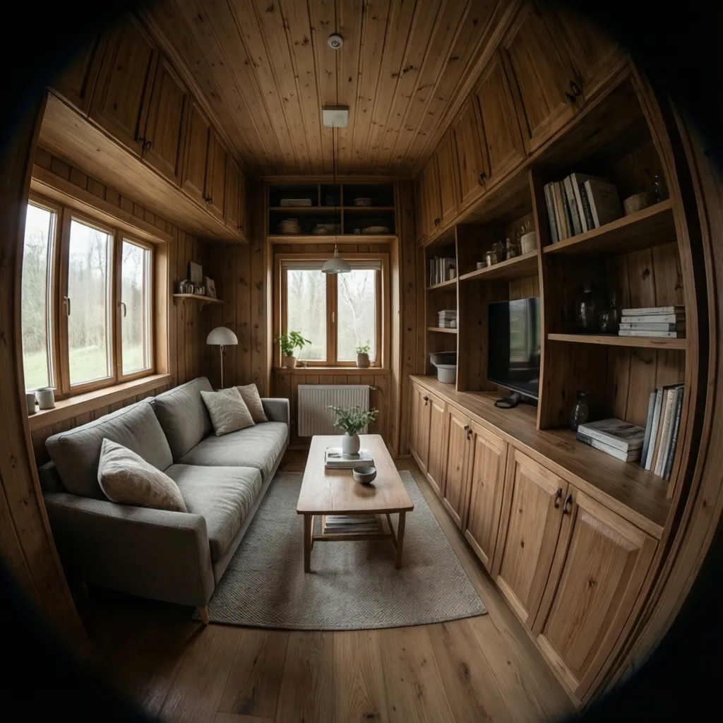 Tiny house wall with floor to ceiling built in cabinets and shelves