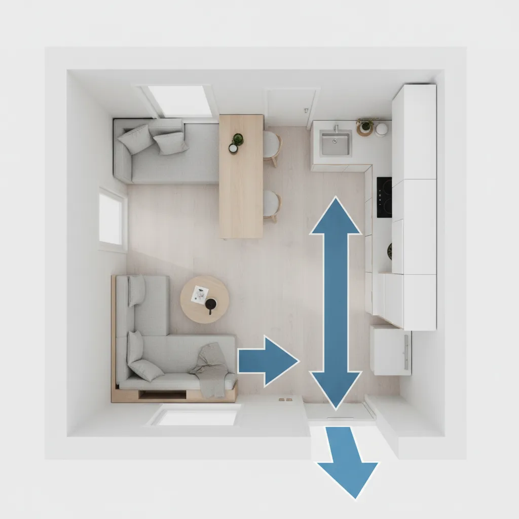diagram style interior showing circulation paths in a small 390 sq ft house floor plan
