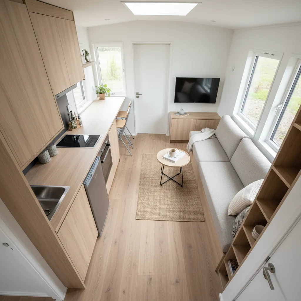 tiny house layout showing clear central walkway and furniture arrangement