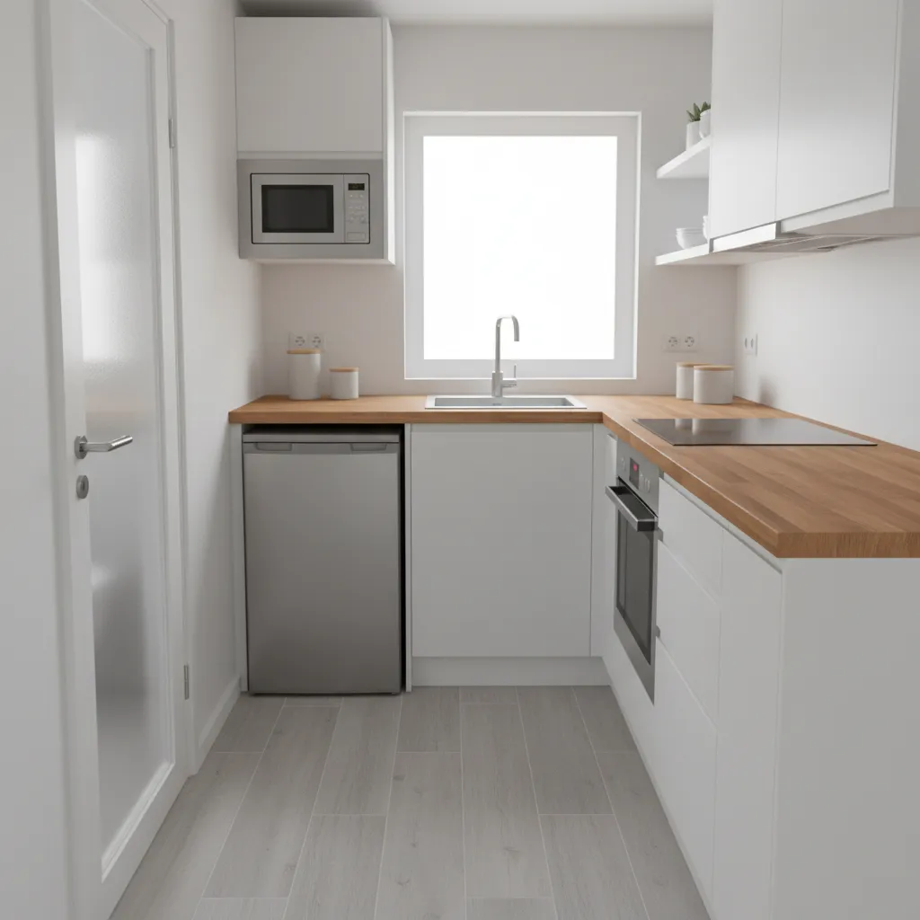 Compact galley kitchen and small bathroom layout inside a tiny house on wheels