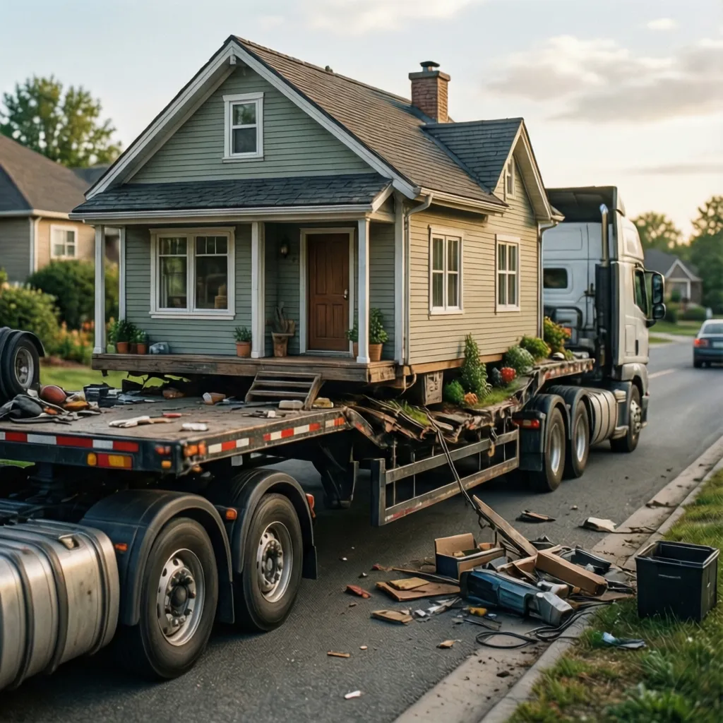 transport truck delivering tiny house on trailer