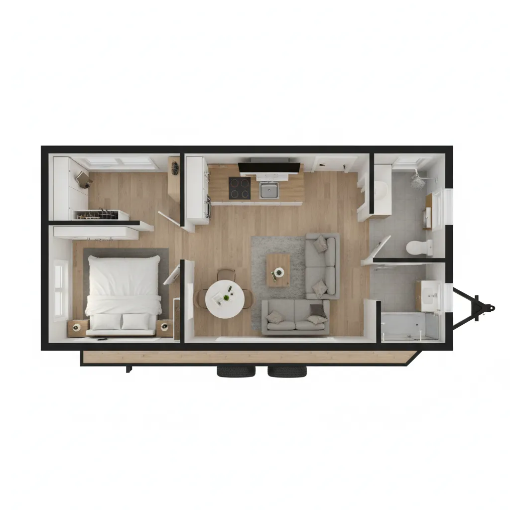 3D floor plan layout of a 700 sq ft tiny house showing bedroom kitchen and living zones