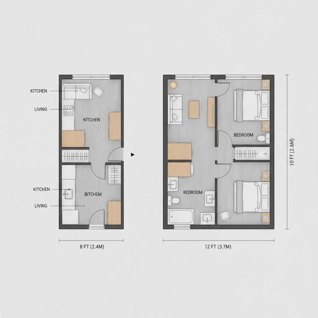 floor plan comparison showing different widths of tiny houses
