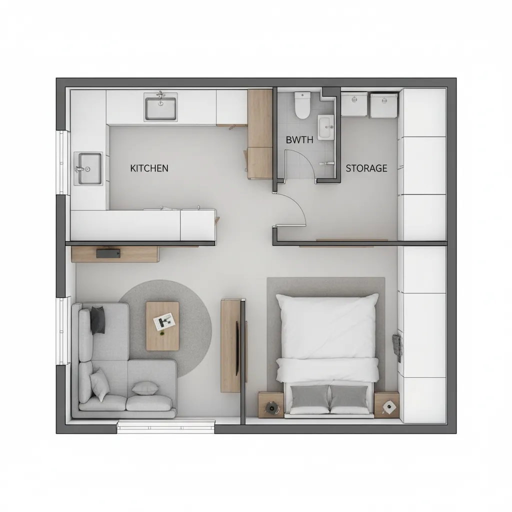 tiny house floor plan diagram showing zones for kitchen living and sleeping