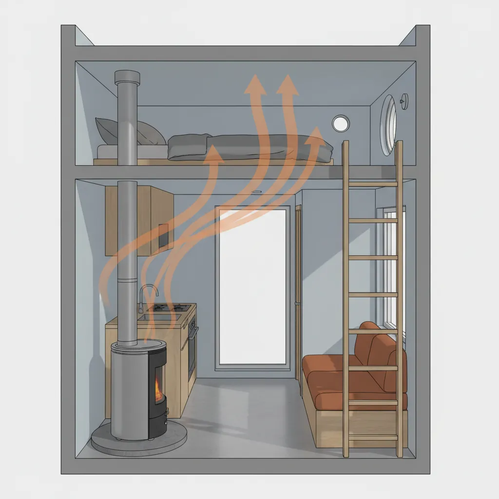 tiny house airflow layout showing heat rising to loft from pellet stove