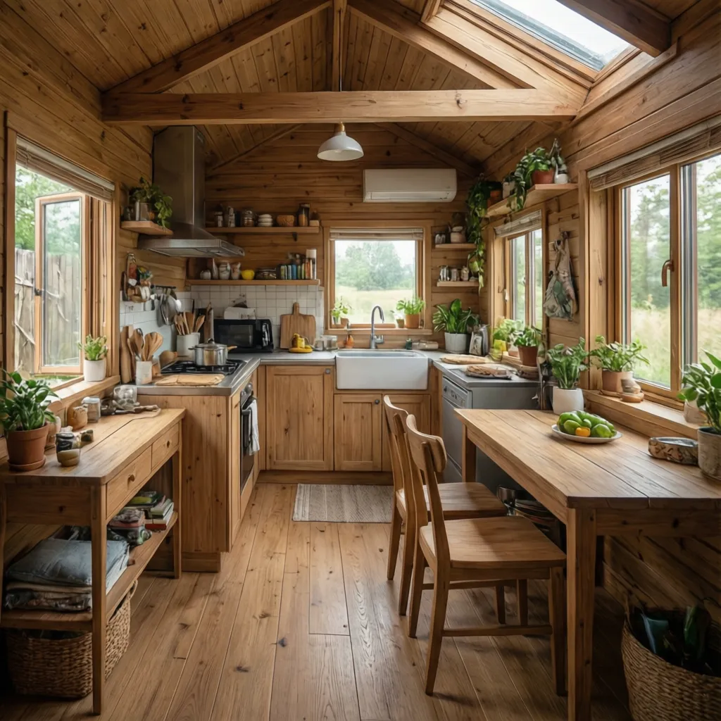 interior layout of an 18x30 tiny house showing living kitchen and sleeping areas