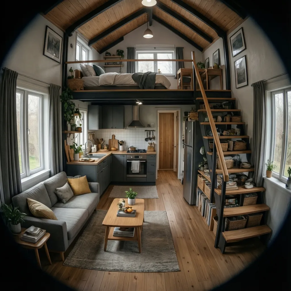 open tiny house interior showing living area kitchen and loft layout