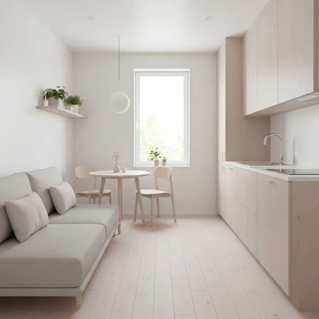 bright open living interior of a modern tiny house showing efficient small space layout