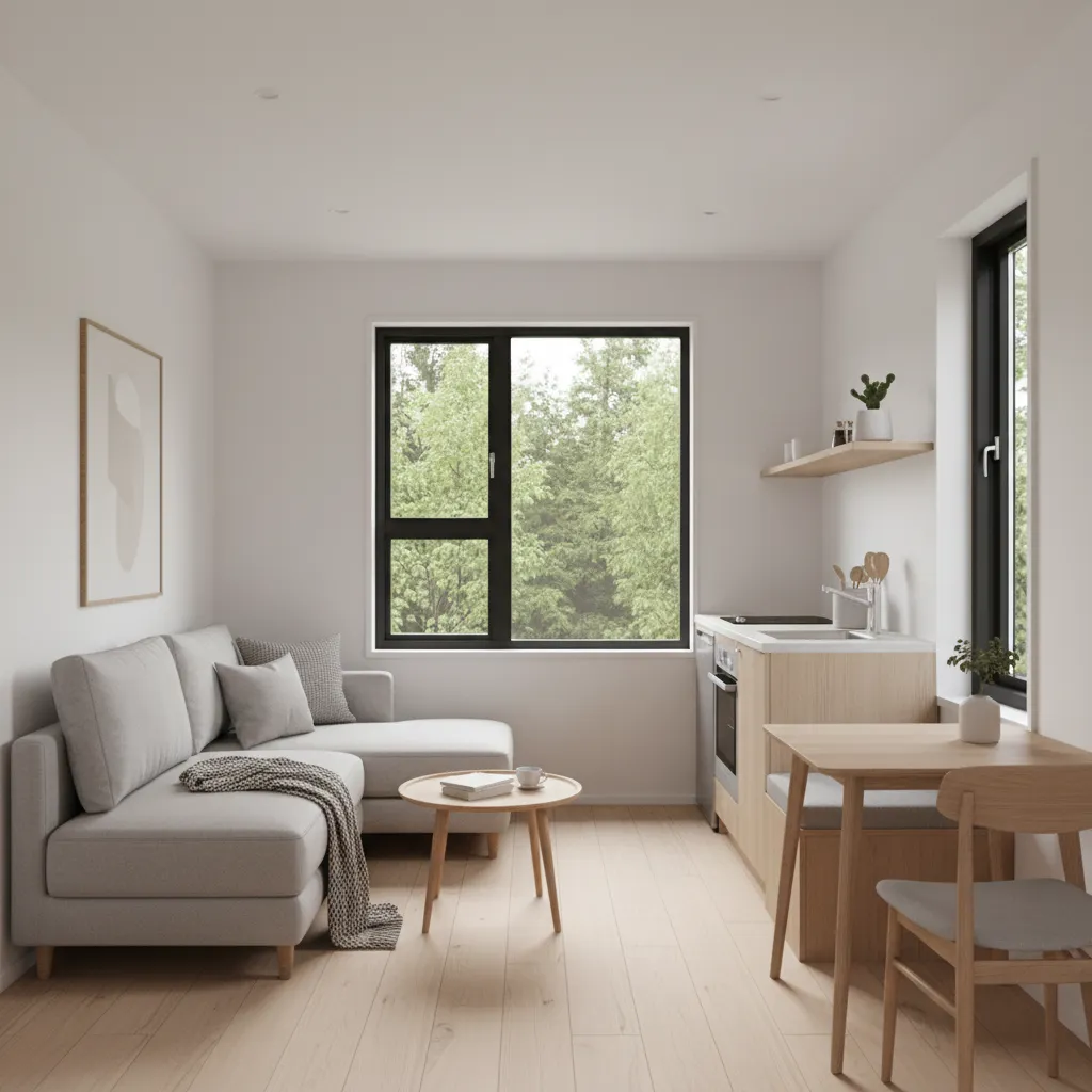 modern tiny house interior showing compact living space layout