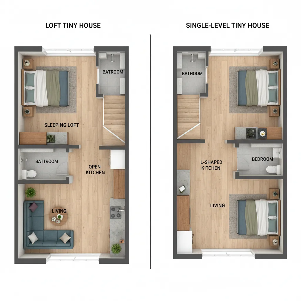 diagram comparing loft and single level tiny house floor plans