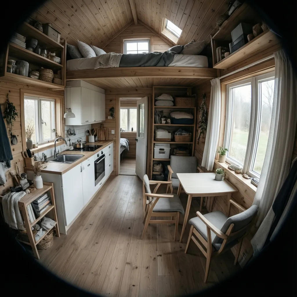small 120 sq ft tiny house interior layout with bed loft and compact kitchen