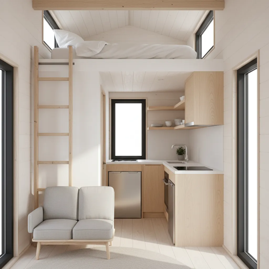 compact tiny house interior showing living area kitchen and loft layout