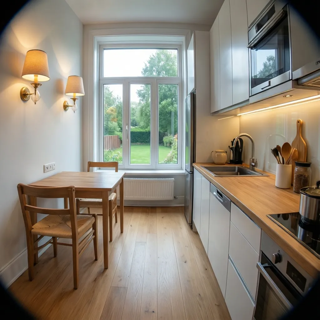 tiny home interior with large window layered lighting and bright finishes