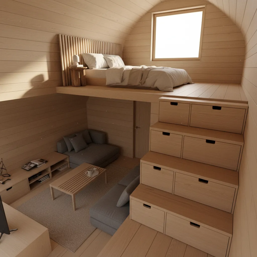 tiny house loft sleeping area above living space with stairs storage